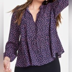 ON•34th XS NAVY&PINK floral design long sleeved ruffled collar w/string tie top